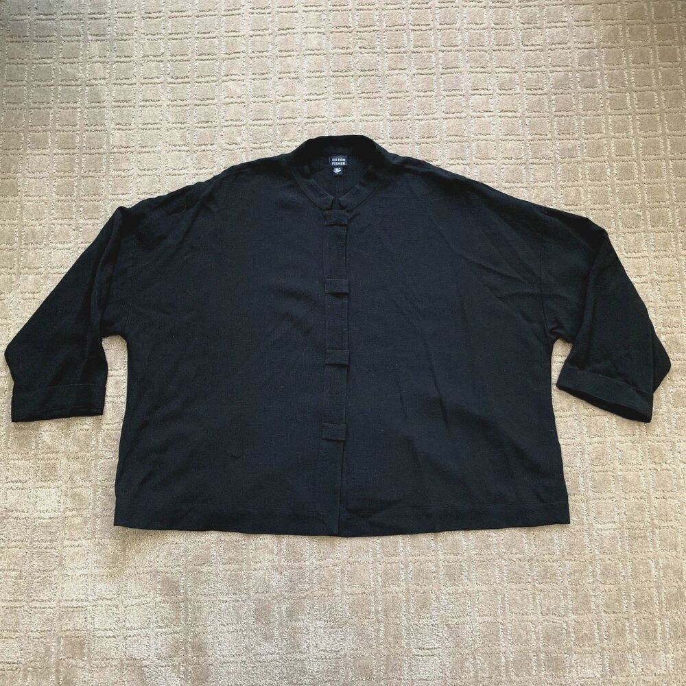 Eileen Fisher Button Down Blouse Womens L Black Wool Blend 3/4 Sleeve Collarless
